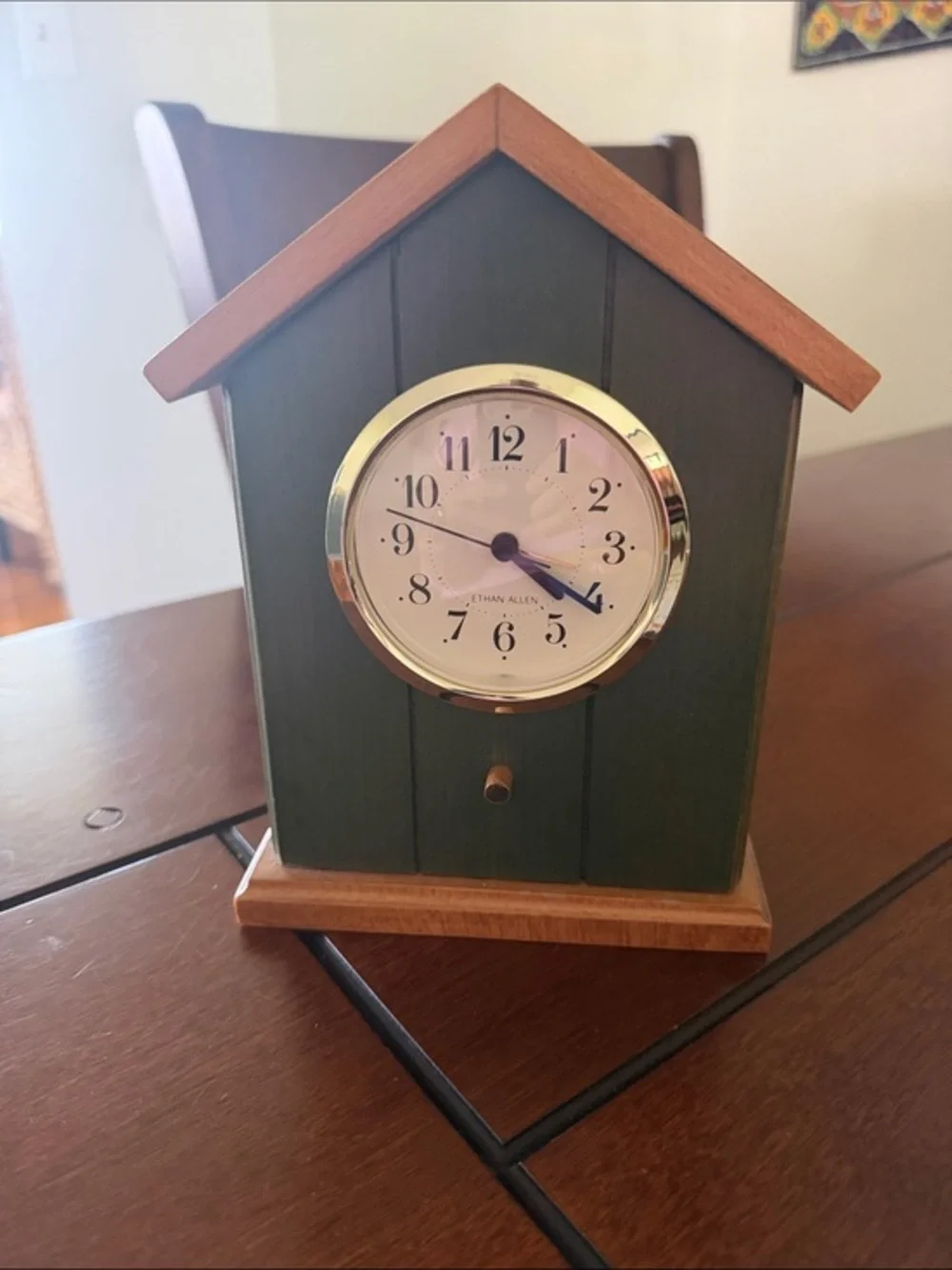 Vintage Ethan Allen Green and Brown Cottage-Style Mantel Clock with Gold Bezel